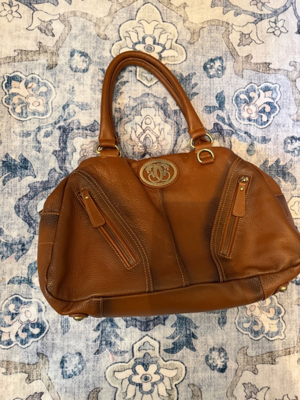 Sharif Pebbled Leather Satchel Handbag in Cognac with Gold Hardware